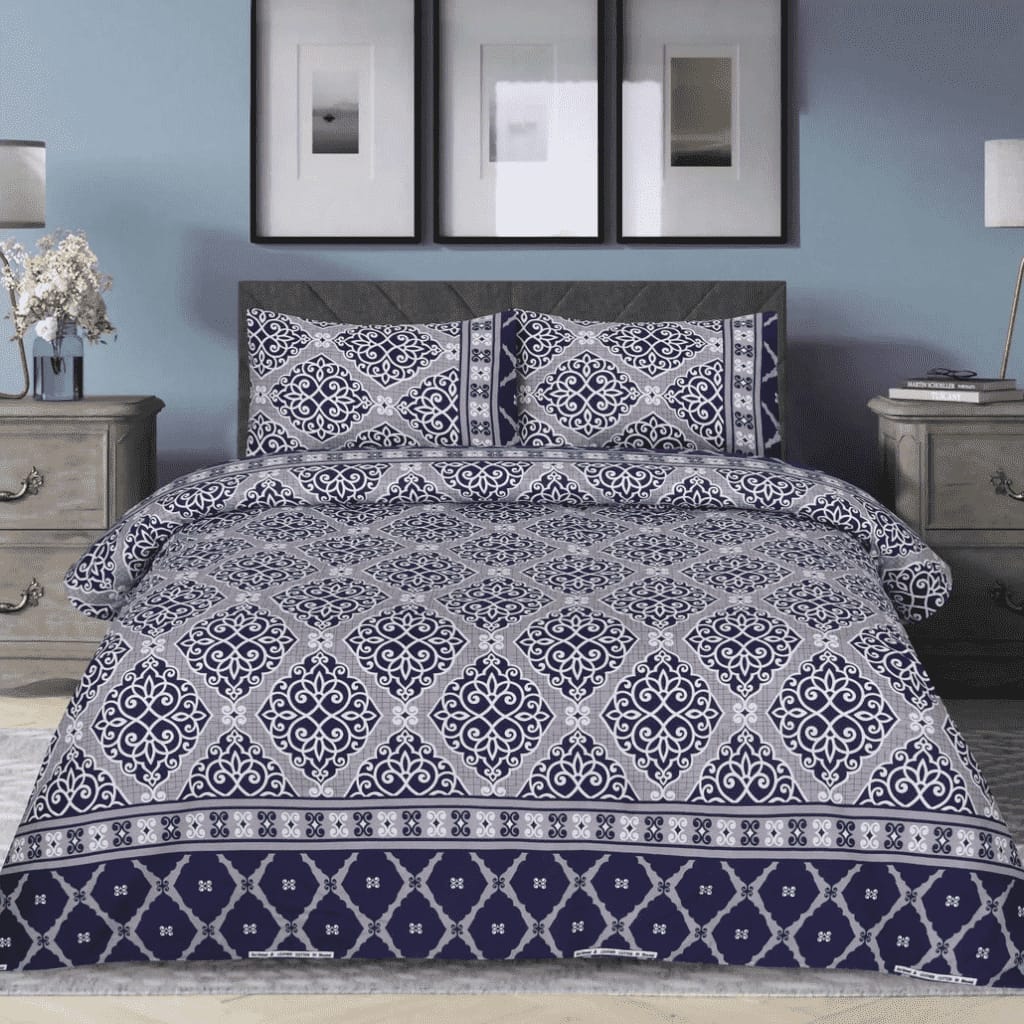 Elegant Navy Blue & White Geometric Bedsheet Set